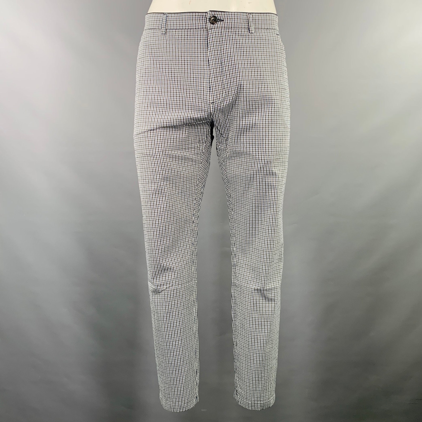 Department Five Size 35 White Navy Black Plaid Cotton Blend Casual Pants